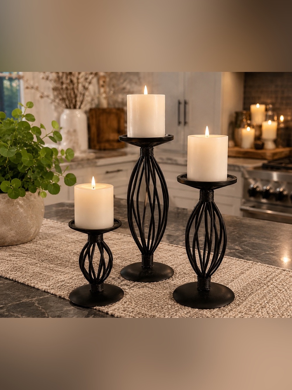 Set of 3 Black Metal Sculptural Pillar Candle Holders – Graduated Heights